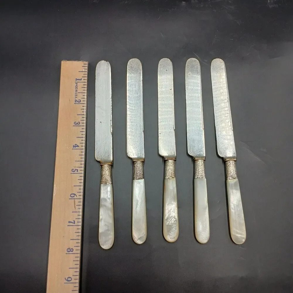 1834 J Russell & Co Knife 5pcs Silverplate Ferrule Blunt End MOP Antique Pearl